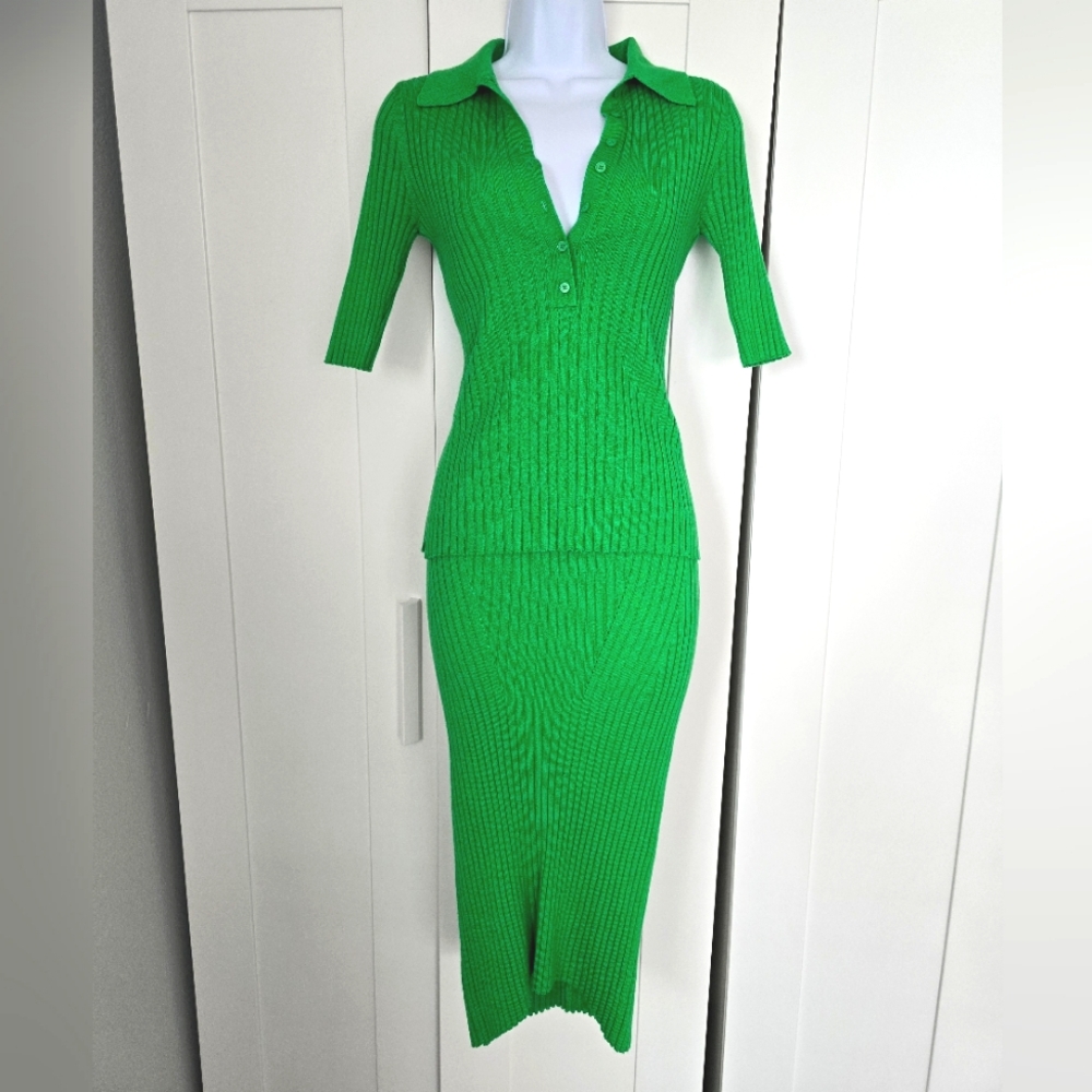 NWOT Rare Retro Fun Ribbed Pointelle Knit Polo & Midi Skirt Set
